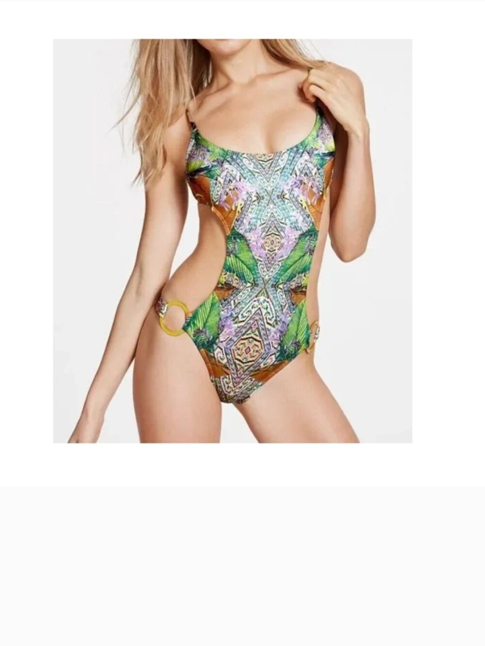 Victoria's Secret Green Multi Floral Geometric Print  Swimsuit Monokini Sz M